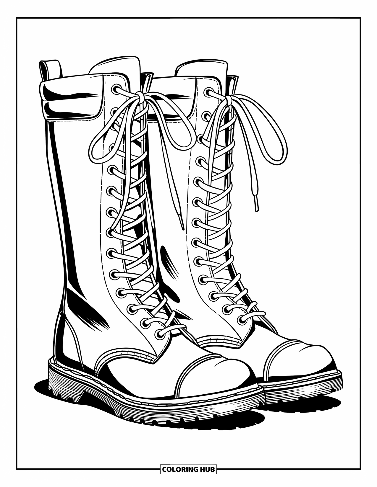 Boots Coloring Page for Kids: Tall combat boots in a bold, modern style on a white background
