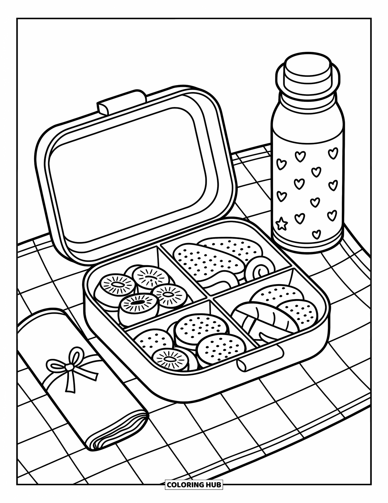 Breakfast Coloring Page for Adults: A bento box with omelets, pancakes, toast, fruit, and a croissant