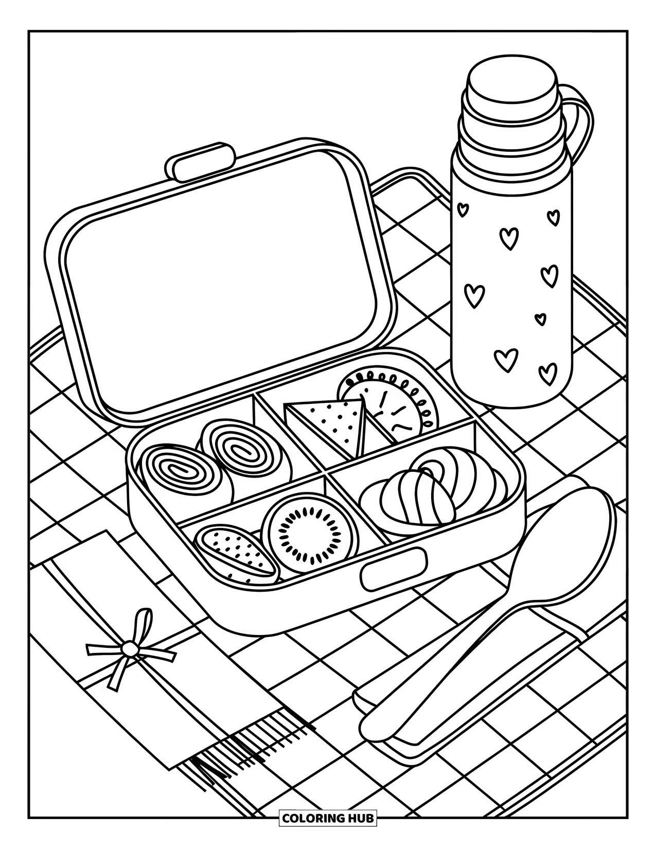 Breakfast Coloring Page for Adults: A breakfast bento box with omelets, fruit, pancakes, and a napkin