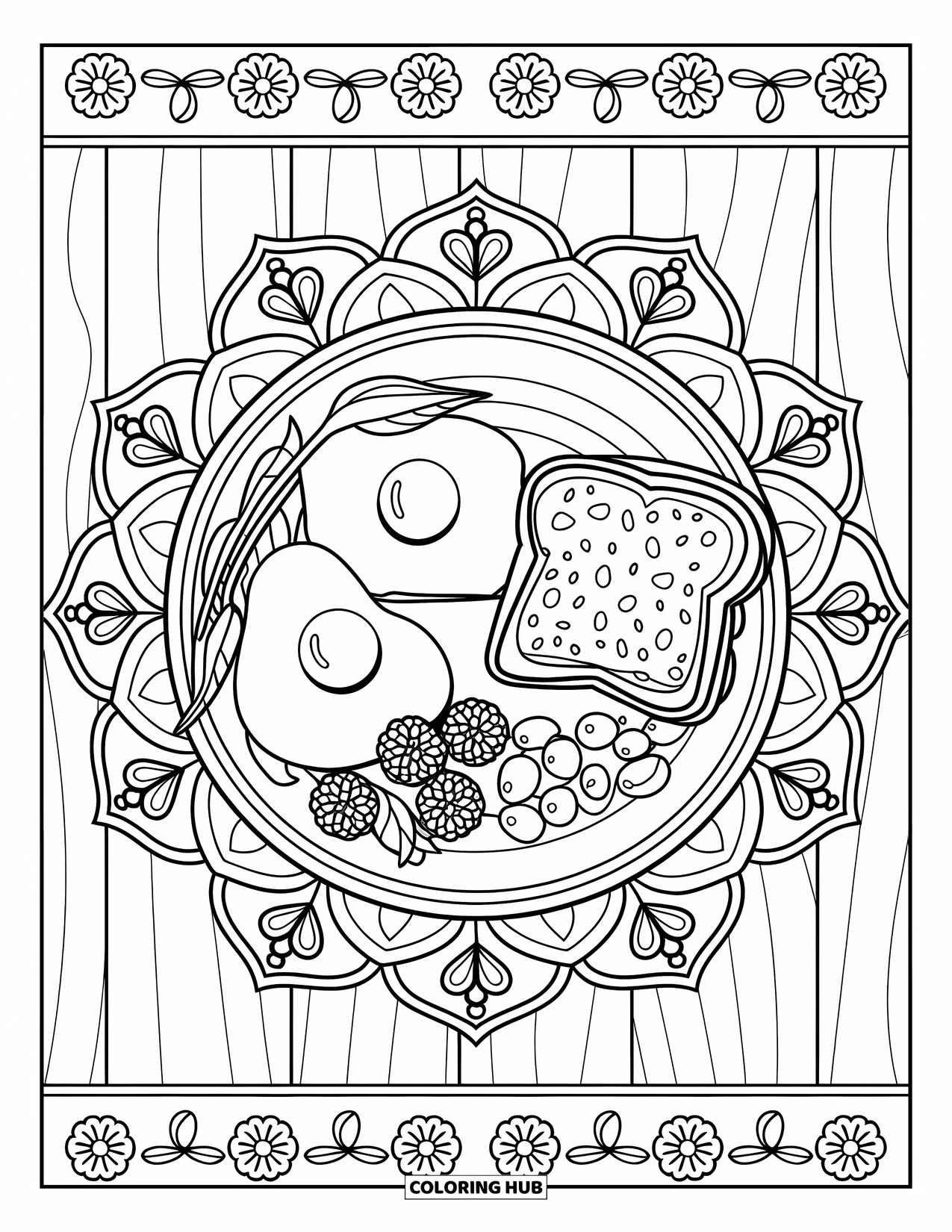 Breakfast Coloring Page for Adults: A breakfast plate with eggs, toast, and fruit framed by a mandala
