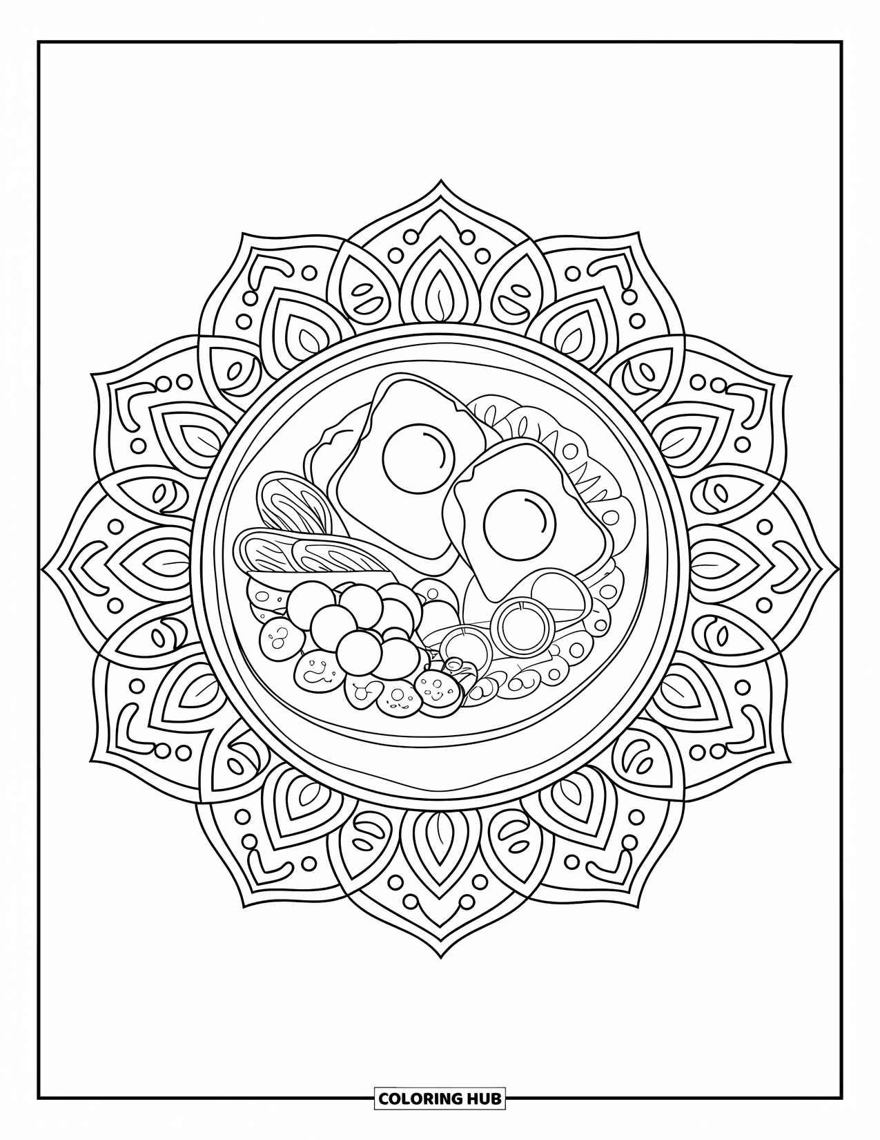 Breakfast Coloring Page for Adults: A breakfast plate with eggs, toast, and fruit inside a mandala