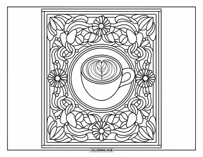 Yetişkinler için Kahvaltı Boyama Sayfası: Çiçekli vitray çerçevesiyle çevrili cappuccino fincanı