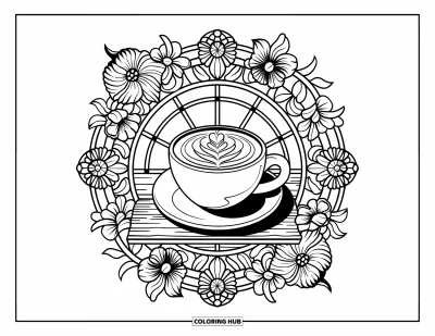 Yetişkinler için Kahvaltı Boyama Sayfası: Çiçekli vitray çerçeve içinde tabakta cappuccino