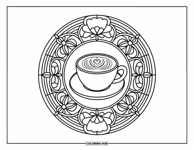 Yetişkinler için Kahvaltı Boyama Sayfası: Çiçekli vitray tasarımıyla çerçevelenmiş latte sanatlı cappuccino