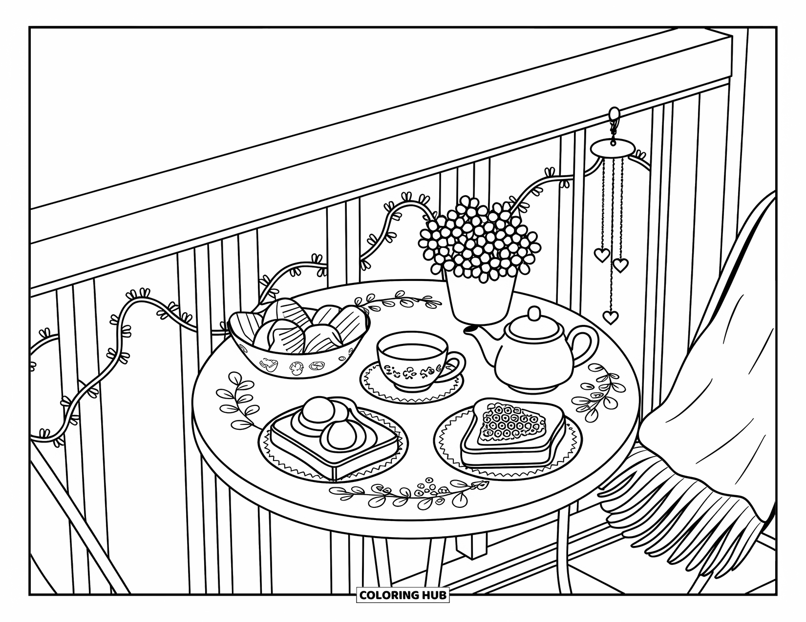 Breakfast Coloring Page for Adults: A cozy balcony table with tea, toast, and a pastry basket