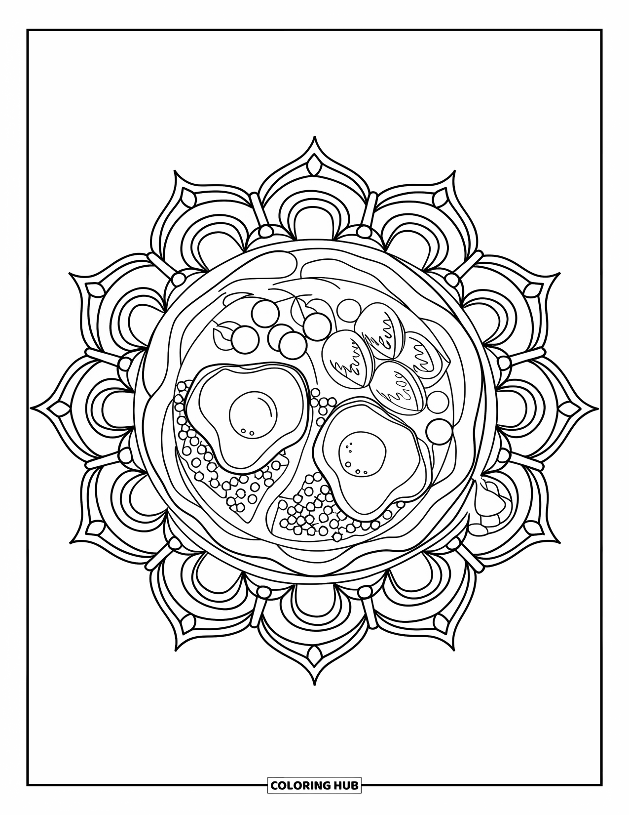 Breakfast Coloring Page for Adults: A mandala design featuring a breakfast plate with eggs, toast, and fruit