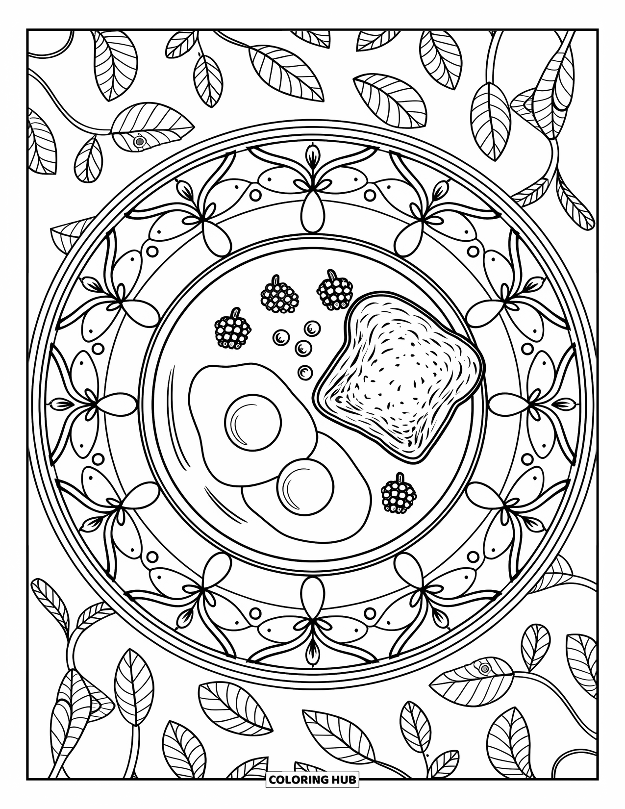 Breakfast Coloring Page for Adults: A mandala design with eggs, toast, and berries on a plate
