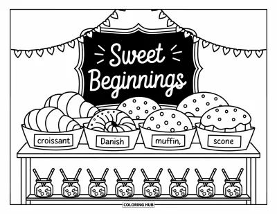 Yetişkinler için Kahvaltı Boyama Sayfası: Etiketli tatlılar, kavanozlar ve "Sweet Beginnings" tabelası olan pastane rafı
