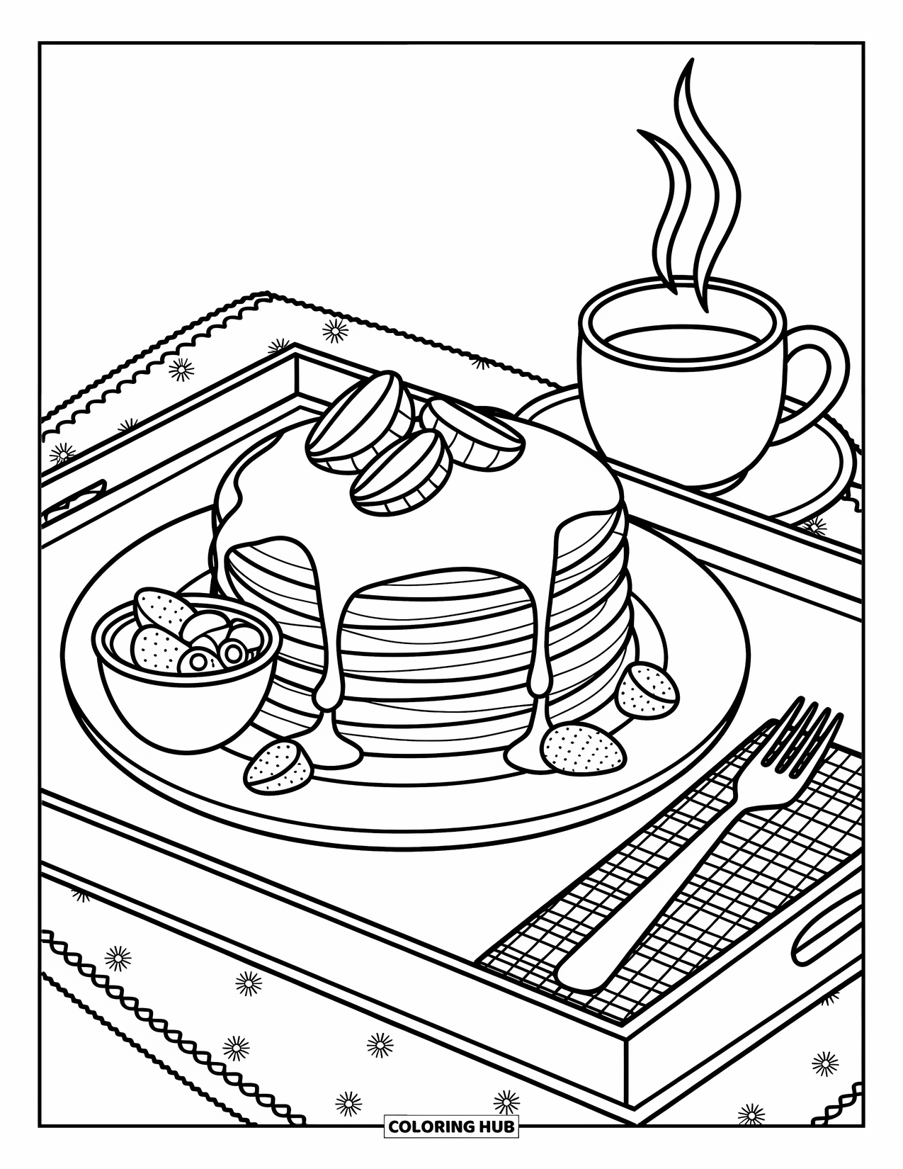 Breakfast Coloring Page for Adults: A plate of pancakes with fruit, syrup, and a steaming teacup