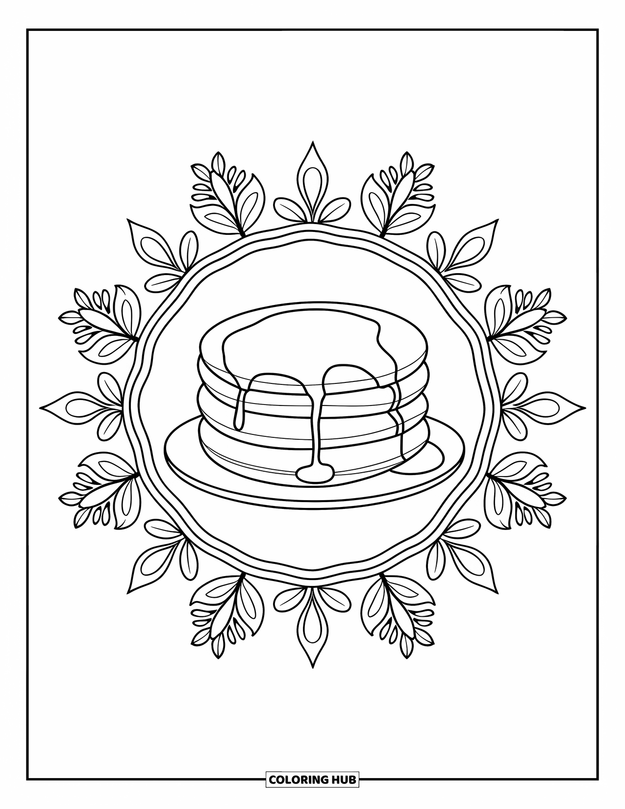 Breakfast Coloring Page for Adults: A stack of pancakes with syrup surrounded by a botanical mandala
