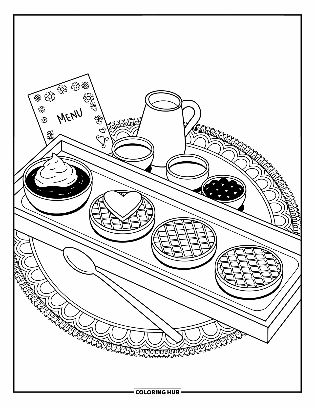 Breakfast Coloring Page for Adults: A waffle tray with mini waffles, syrup, cream, and fresh fruit