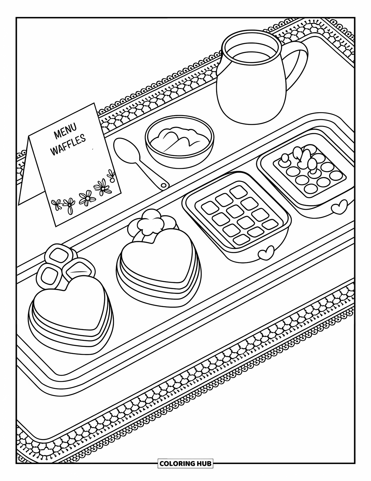 Breakfast Coloring Page for Adults: Mini waffles with fruit, syrups, and a lace placemat