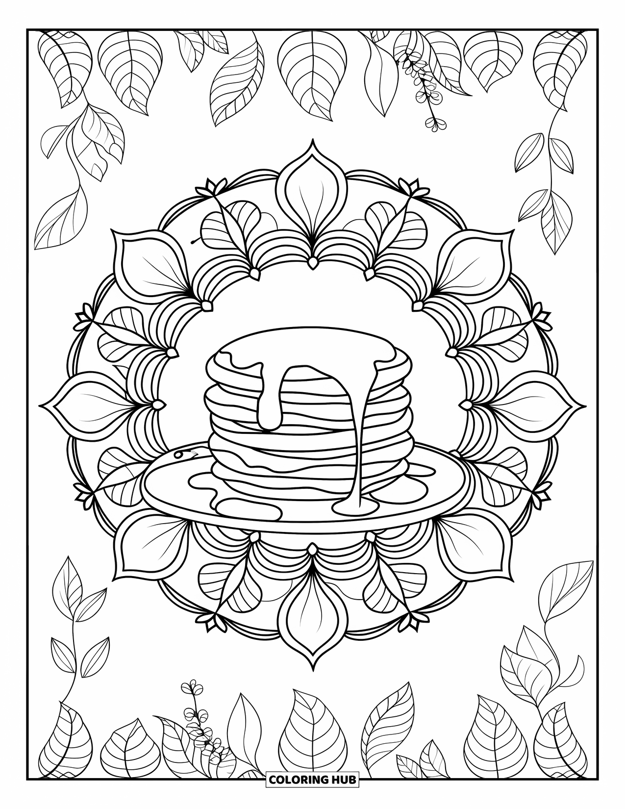 Breakfast Coloring Page for Adults: Pancakes with dripping syrup inside a floral mandala design