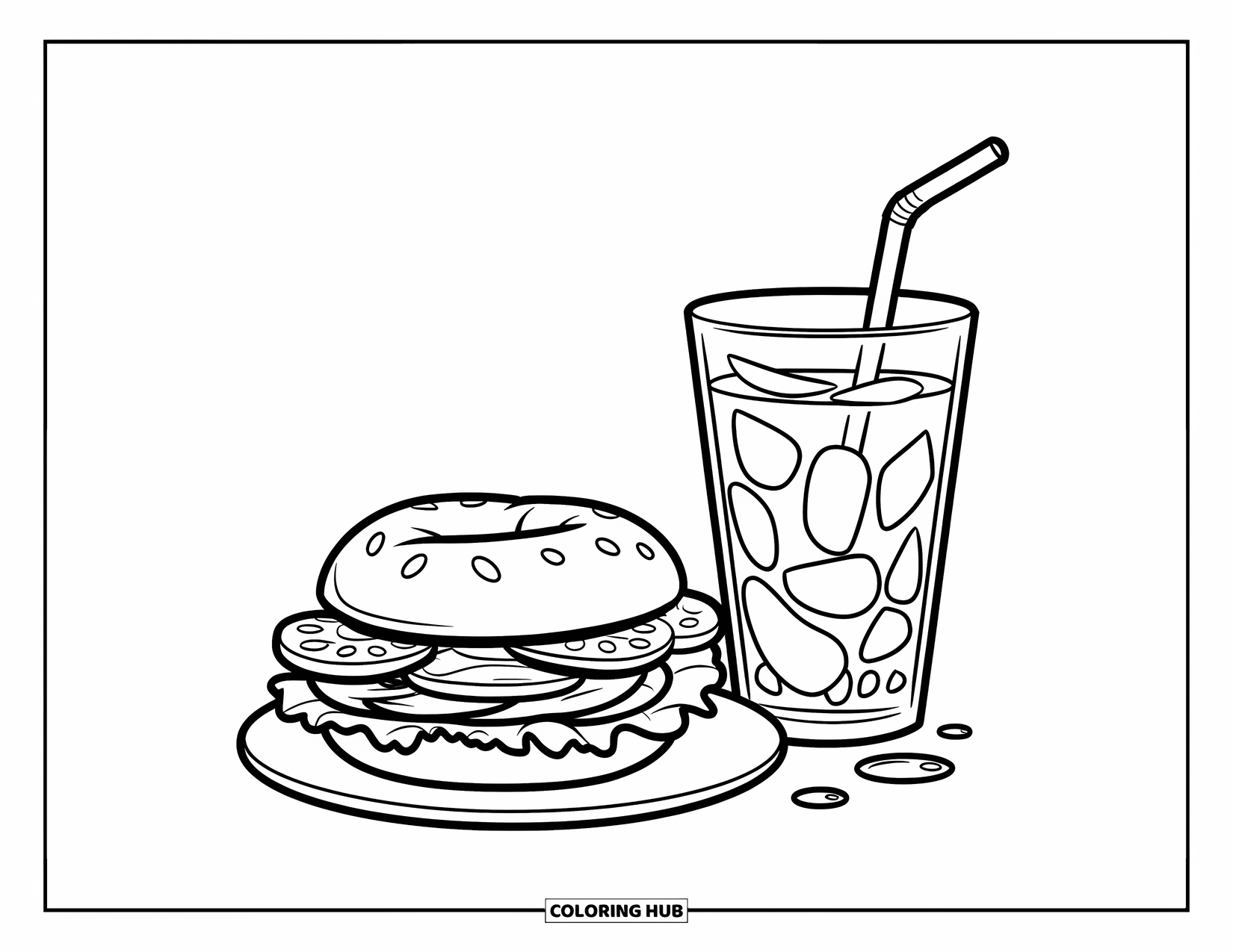 Breakfast Coloring Page for Kids: A bagel sandwich beside a glass of iced tea with straw