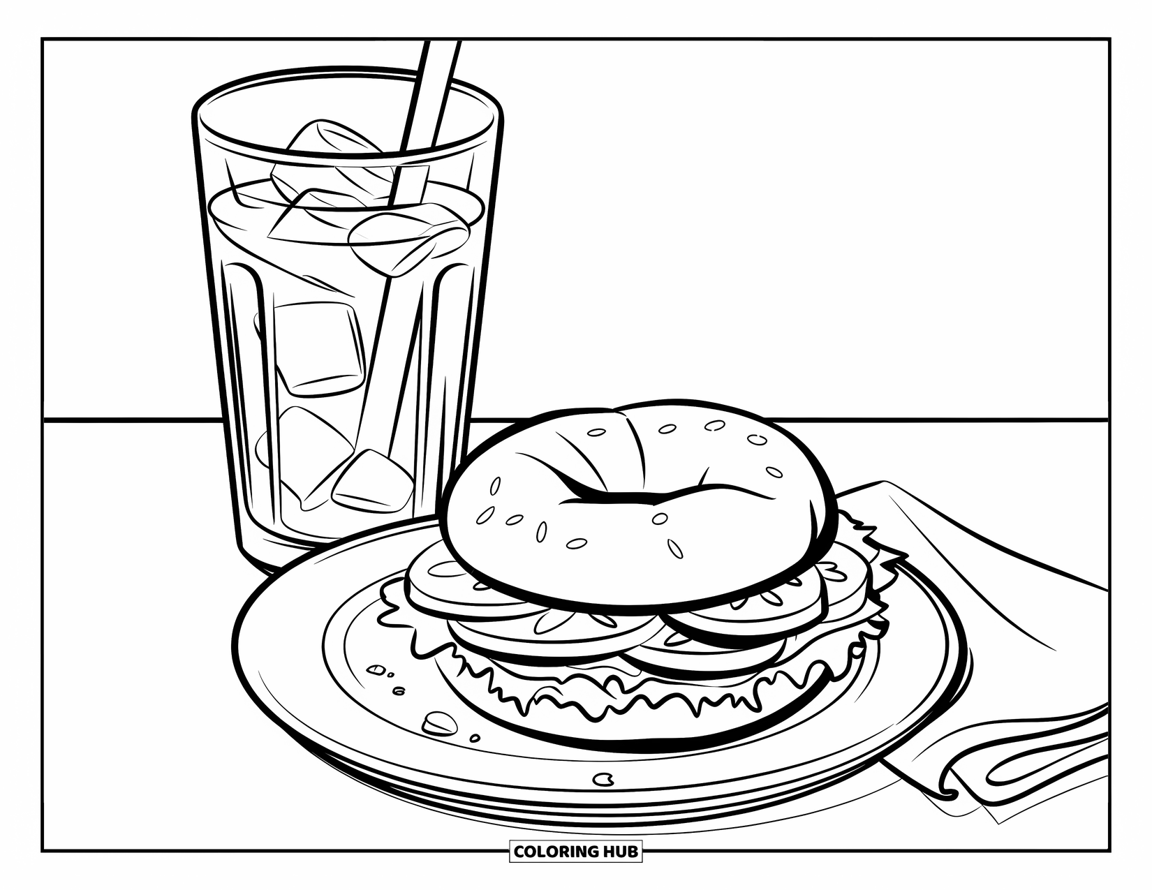 Breakfast Coloring Page for Kids: A bagel sandwich on a plate with iced tea and napkin