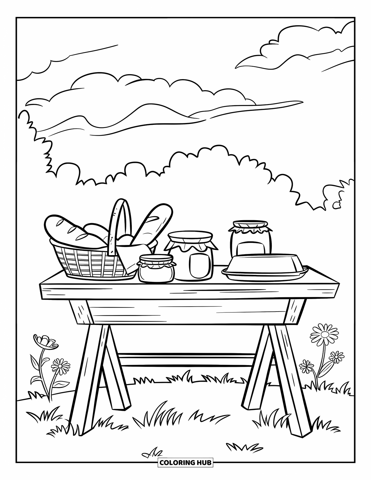 Breakfast Coloring Page for Kids: A bread basket with jam and butter on a grassy field