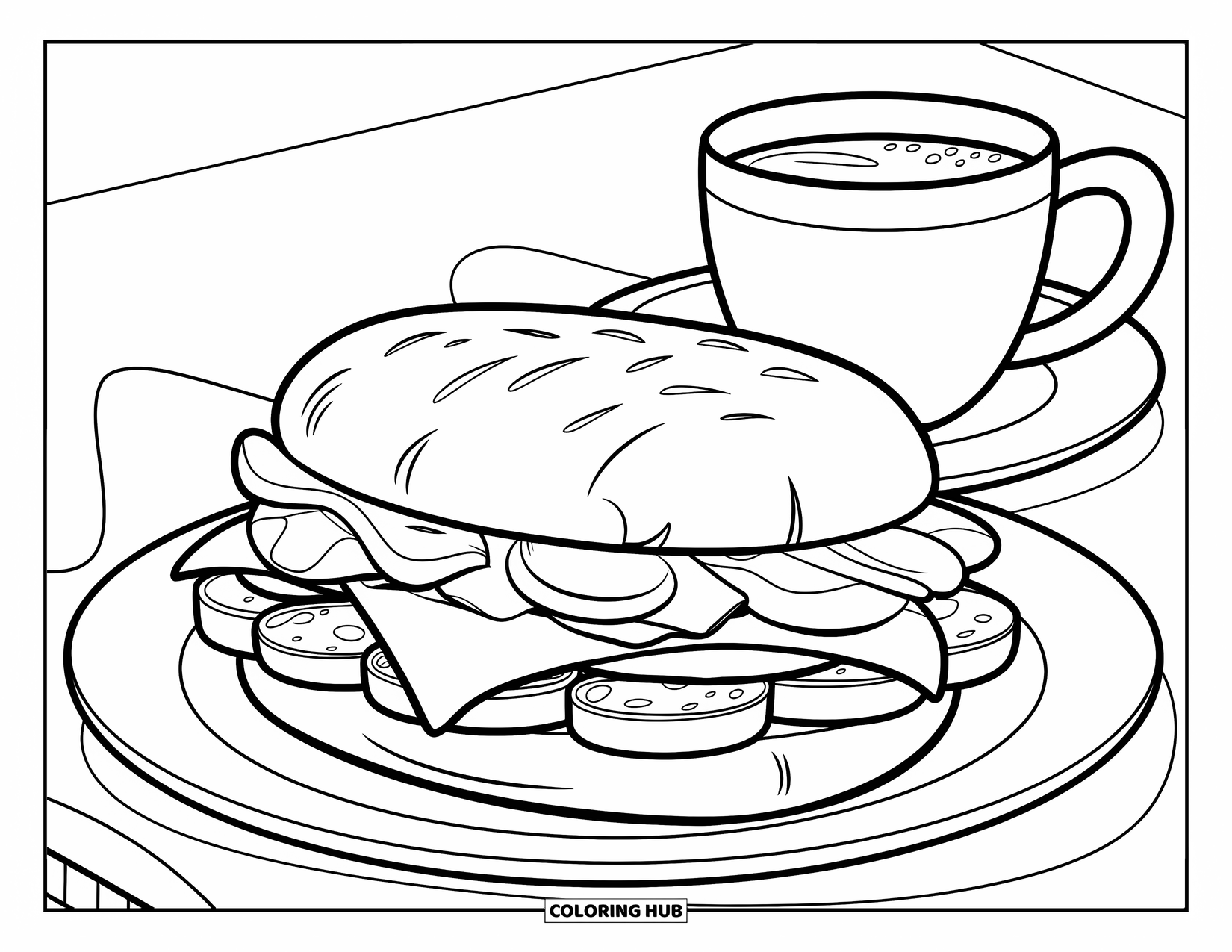 Breakfast Coloring Page for Kids: A breakfast sandwich with egg, cheese, sausage, and coffee