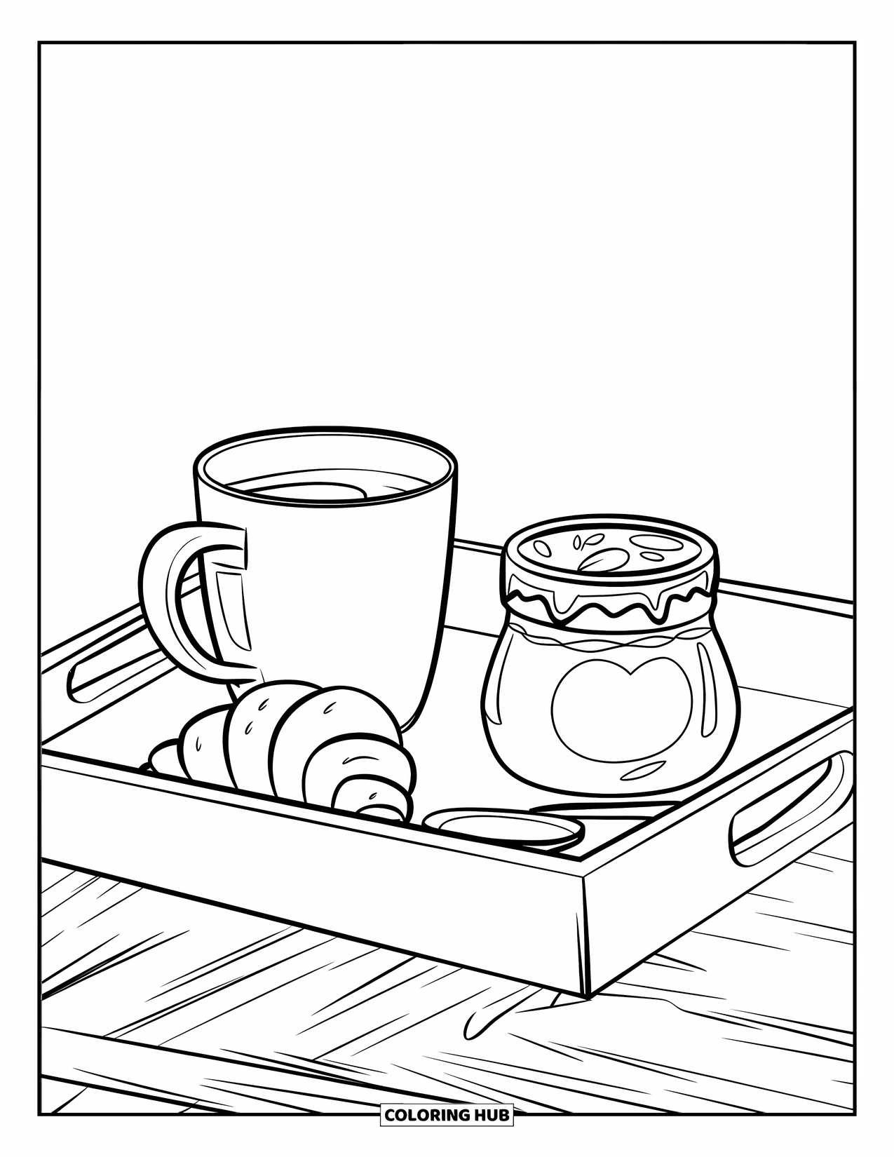 Breakfast Coloring Page for Kids: A breakfast tray with coffee, croissant, and jam jar