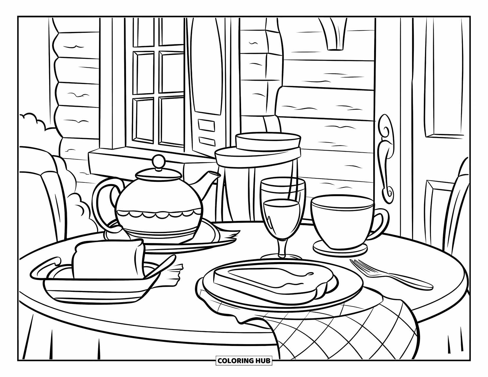 Breakfast Coloring Page for Kids: A cozy breakfast table with toast rack, butter, and juice