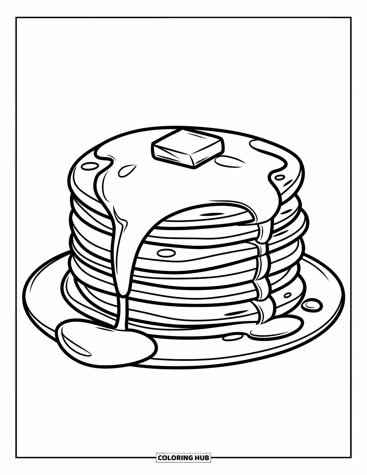Breakfast Coloring Page for Kids: A high pancake stack with syrup drip and butter square