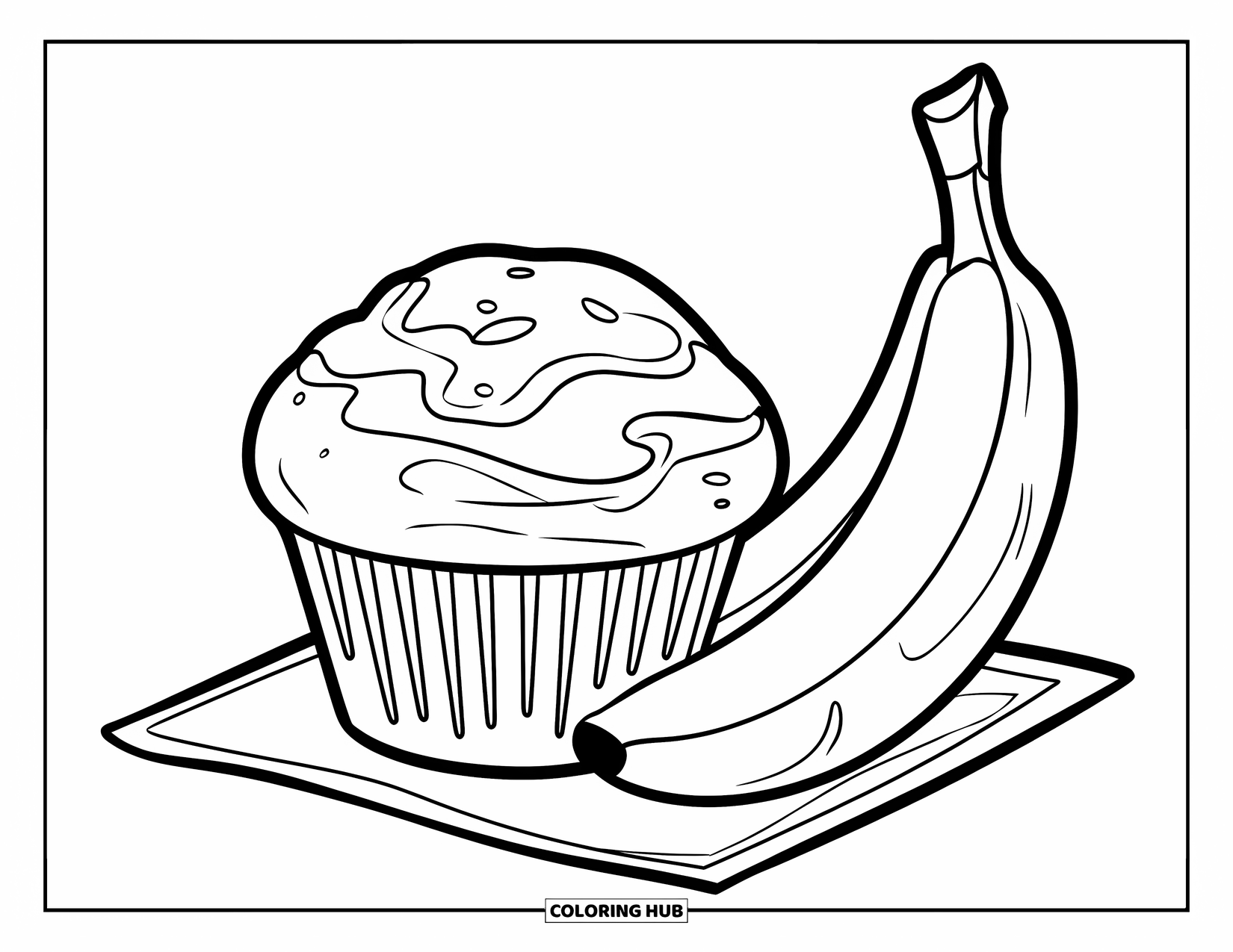 Breakfast Coloring Page for Kids: A muffin and banana resting on a napkin