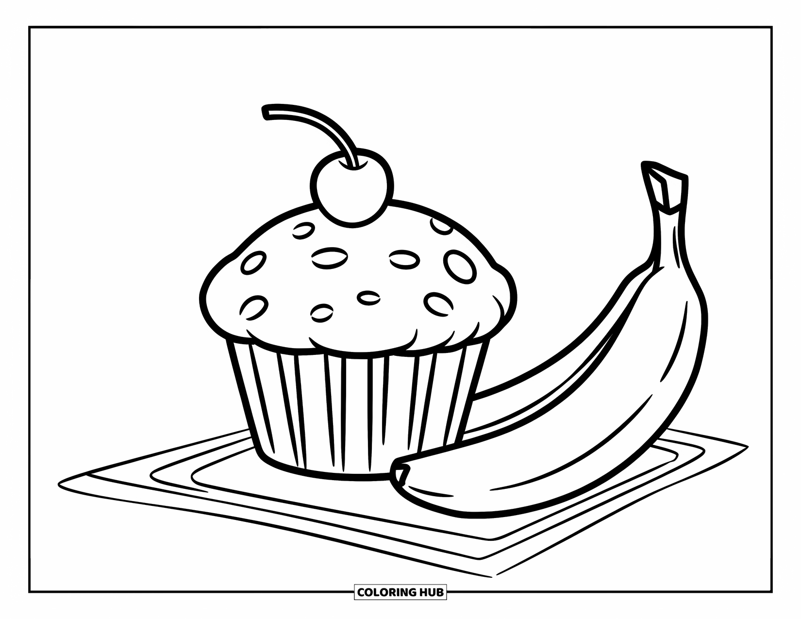 Breakfast Coloring Page for Kids: A muffin with a cherry beside a banana on a napkin