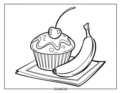 Çocuklar için Kahvaltı Boyama Sayfası: Peçete üzerinde kiraz ve muza yaslanmış bir muffin