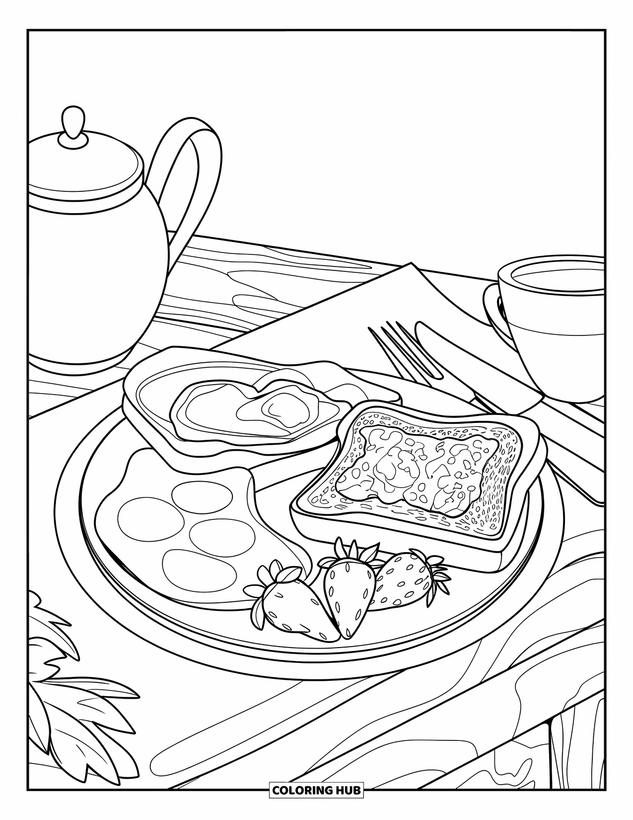 Breakfast Coloring Page for Kids: A plate of eggs, toast, strawberries, with teapot and cup
