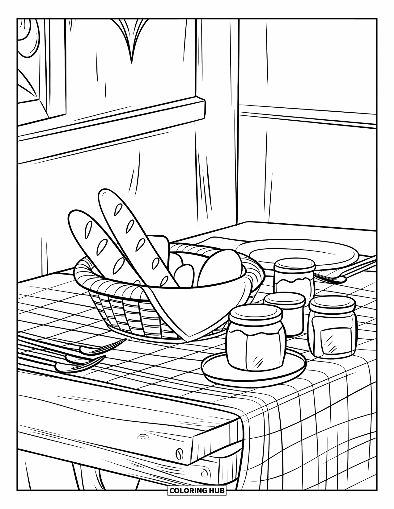 Breakfast Coloring Page for Kids: A rustic table with bread basket, jam jars, and butter dish