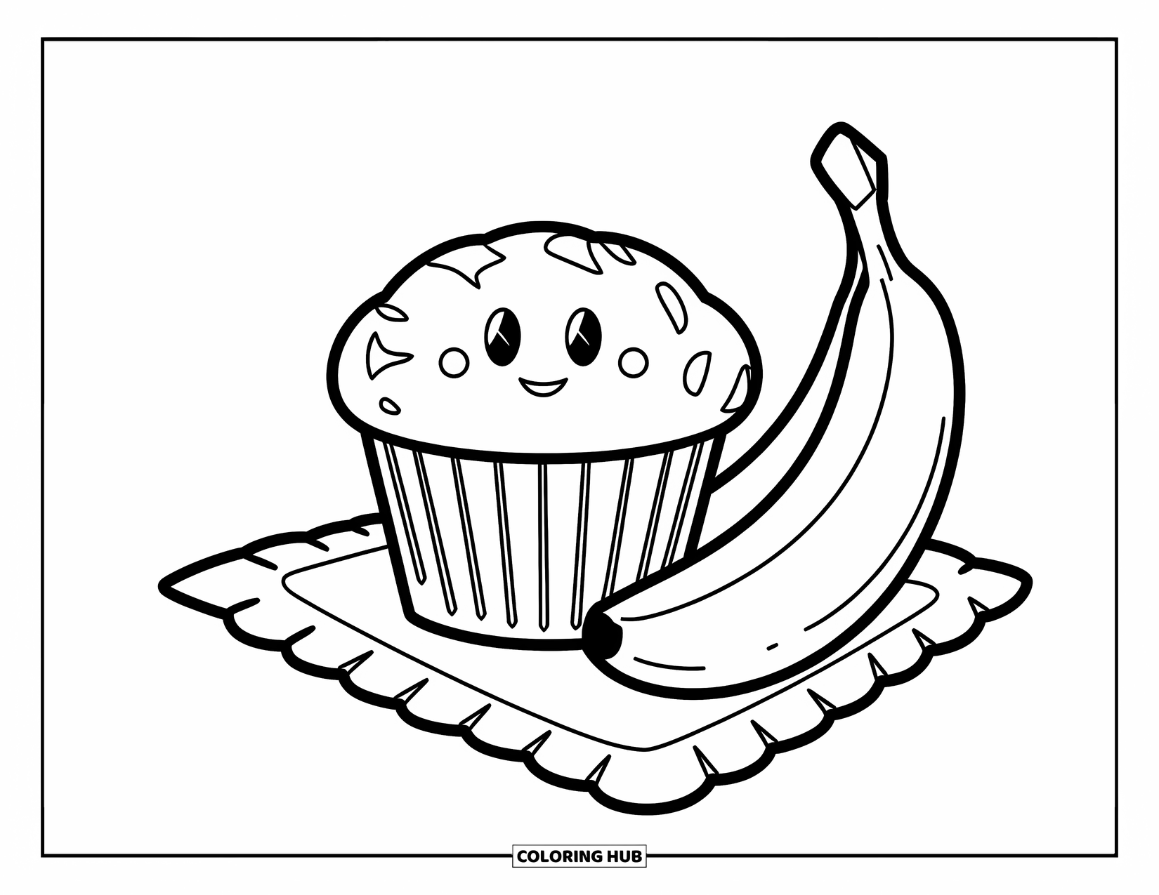 Breakfast Coloring Page for Kids: A smiling muffin beside a banana on a napkin