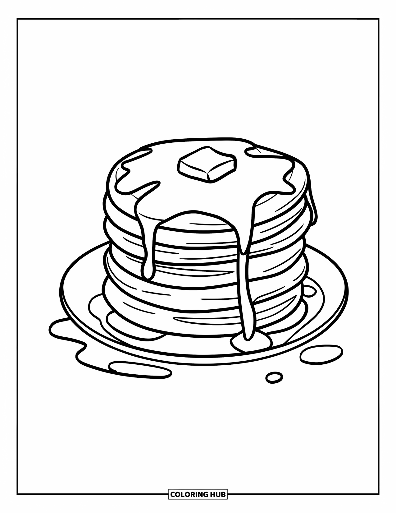 Breakfast Coloring Page for Kids: A tall pancake stack with syrup pool and butter on top