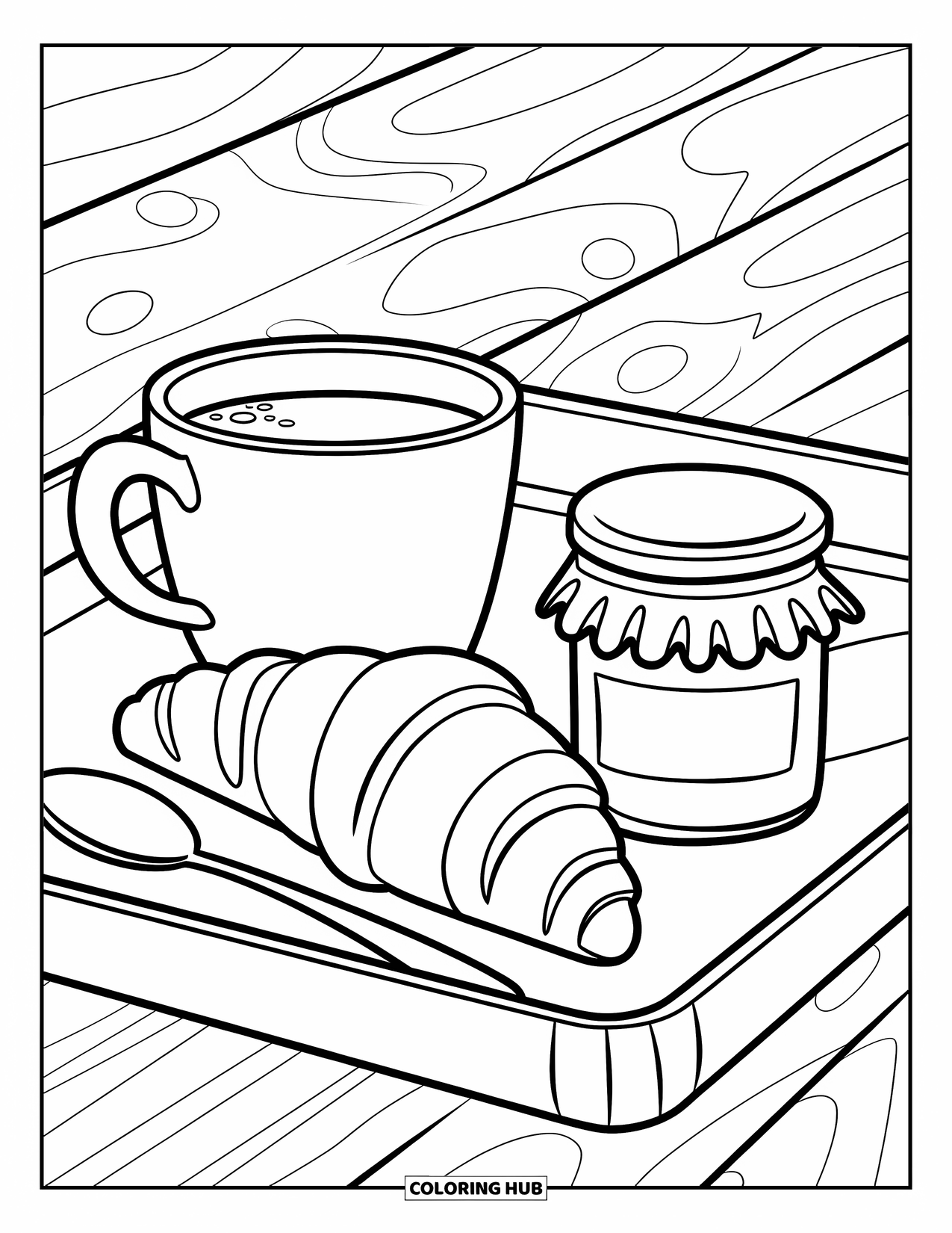 Breakfast Coloring Page for Kids: A tray with coffee, croissant, jam, and a spoon