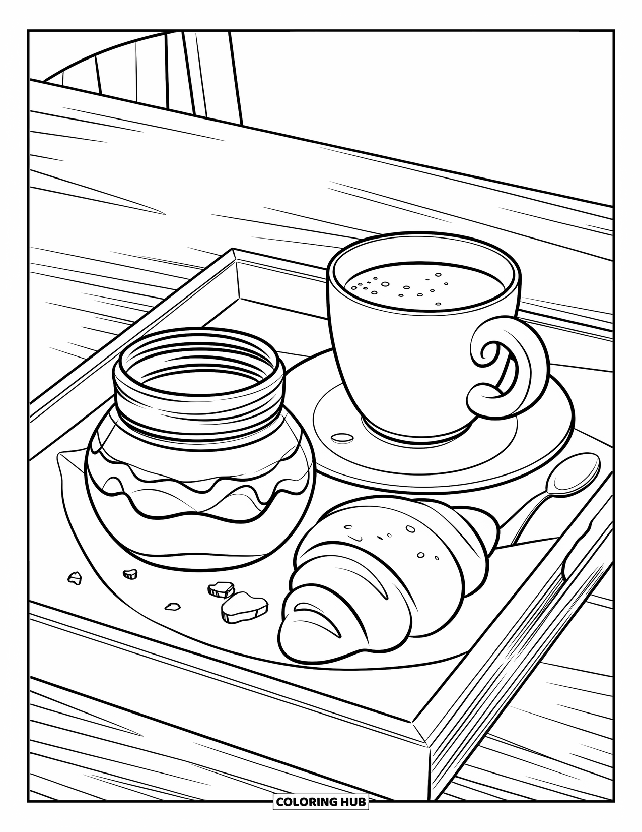 Breakfast Coloring Page for Kids: A tray with croissant, jam, coffee, and a few crumbs