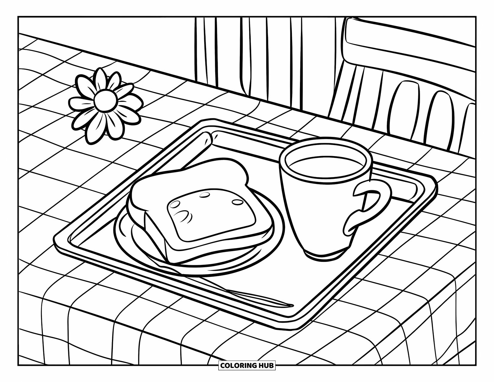 Breakfast Coloring Page for Kids: A tray with toast, juice glass, and a flower