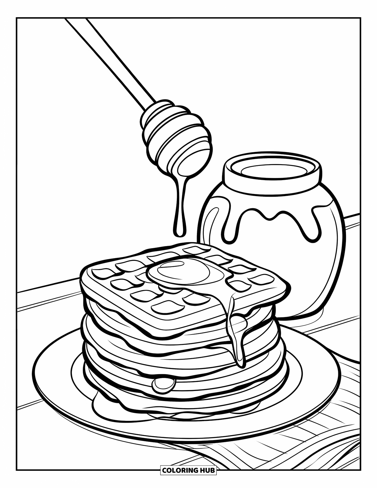 Breakfast Coloring Page for Kids: A waffle stack with honey jar and dipper dripping above