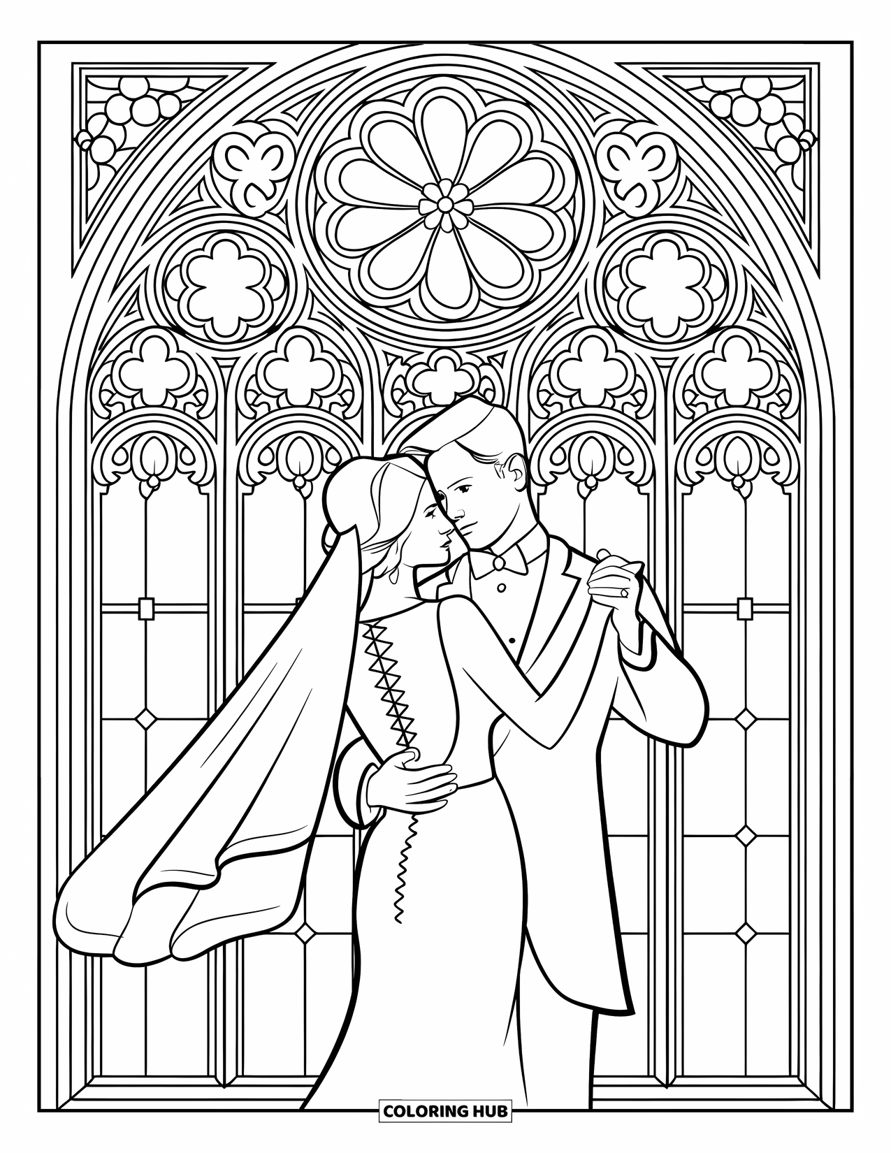 Bride And Groom Coloring Page for Adults: Bride and groom dancing in detailed stained glass frame