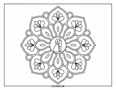Bride And Groom Coloring Page for Adults: Bride and groom silhouette centered in floral mandala