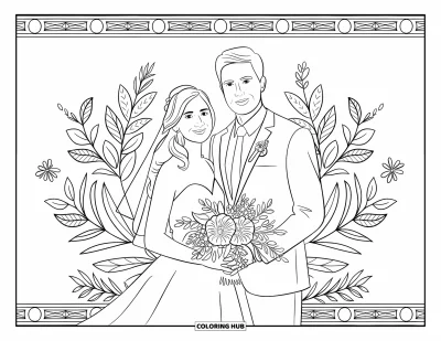 Bride And Groom Coloring Page for Adults: Bride and groom with bouquet against a floral border design