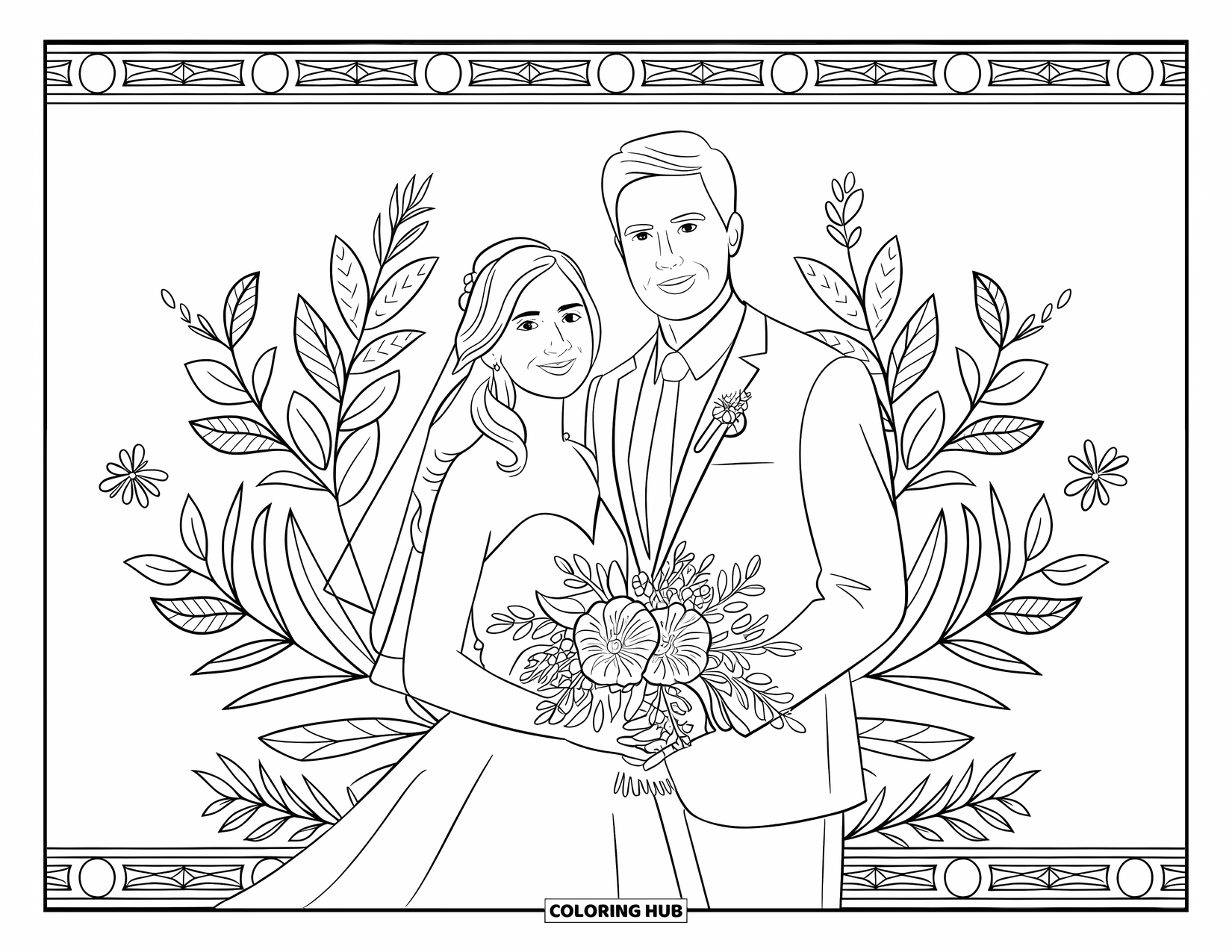 Bride And Groom Coloring Page for Adults: Bride and groom with bouquet against a floral border design