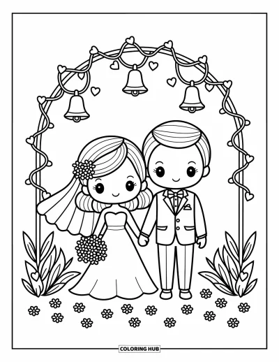 Bride And Groom Coloring Page for Adults: Chibi couple beneath a flower arch with heart garlands and petals