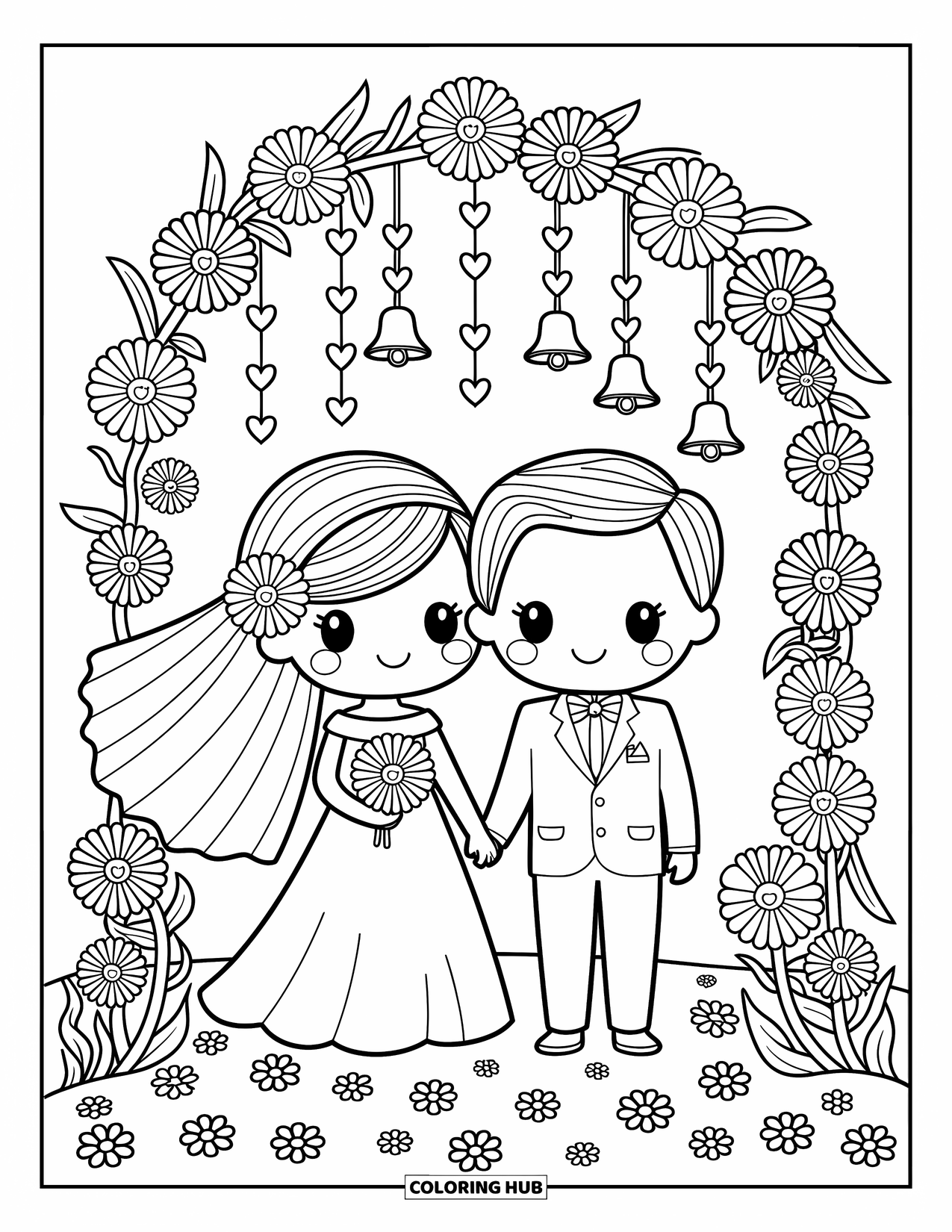 Bride And Groom Coloring Page for Adults: Chibi couple holding hands under a rounded flower arch