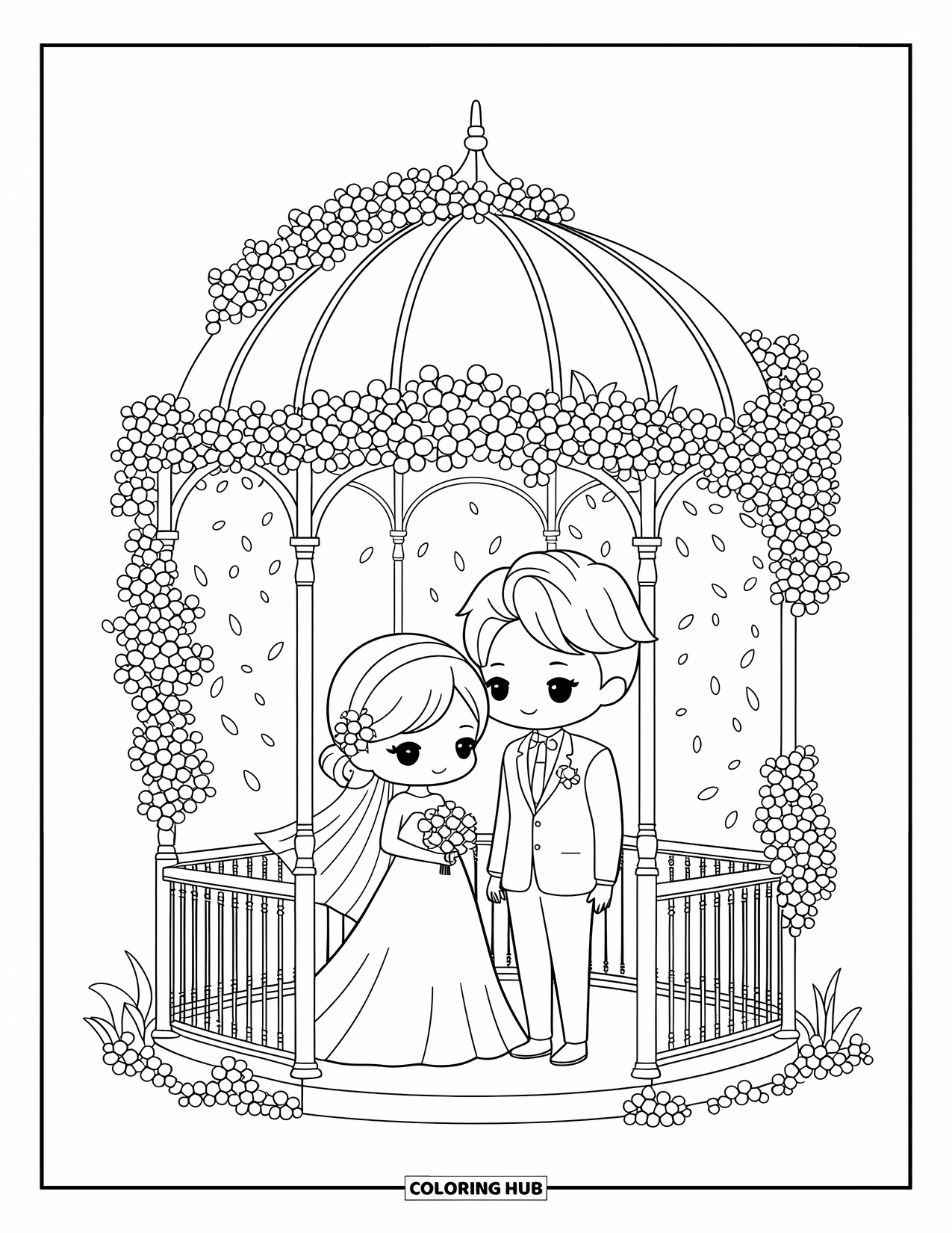 Bride And Groom Coloring Page for Adults: Chibi couple in a floral gazebo with ribbons and petals