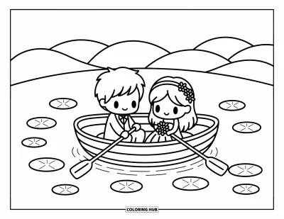 Bride And Groom Coloring Page for Adults: Chibi couple in a rowboat drifting among lily pads and hills