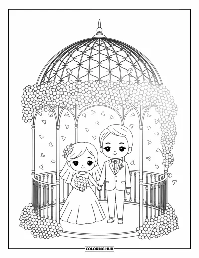 Bride And Groom Coloring Page for Adults: Chibi couple standing in a flower-filled gazebo with ribbons