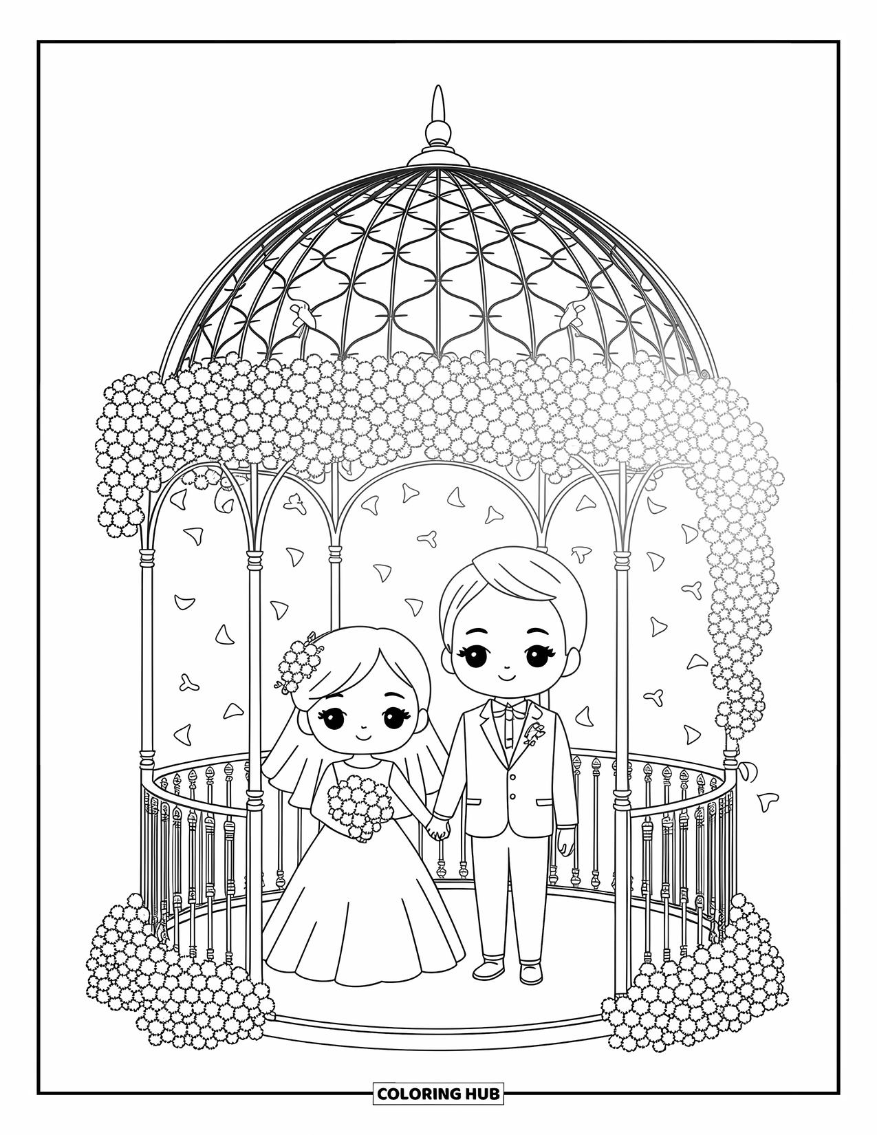 Bride And Groom Coloring Page for Adults: Chibi couple standing in a flower-filled gazebo with ribbons