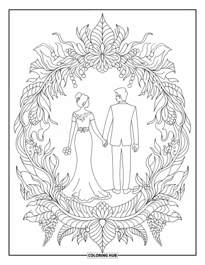 Bride And Groom Coloring Page for Adults: Couple holding hands framed by floral and vine mandala