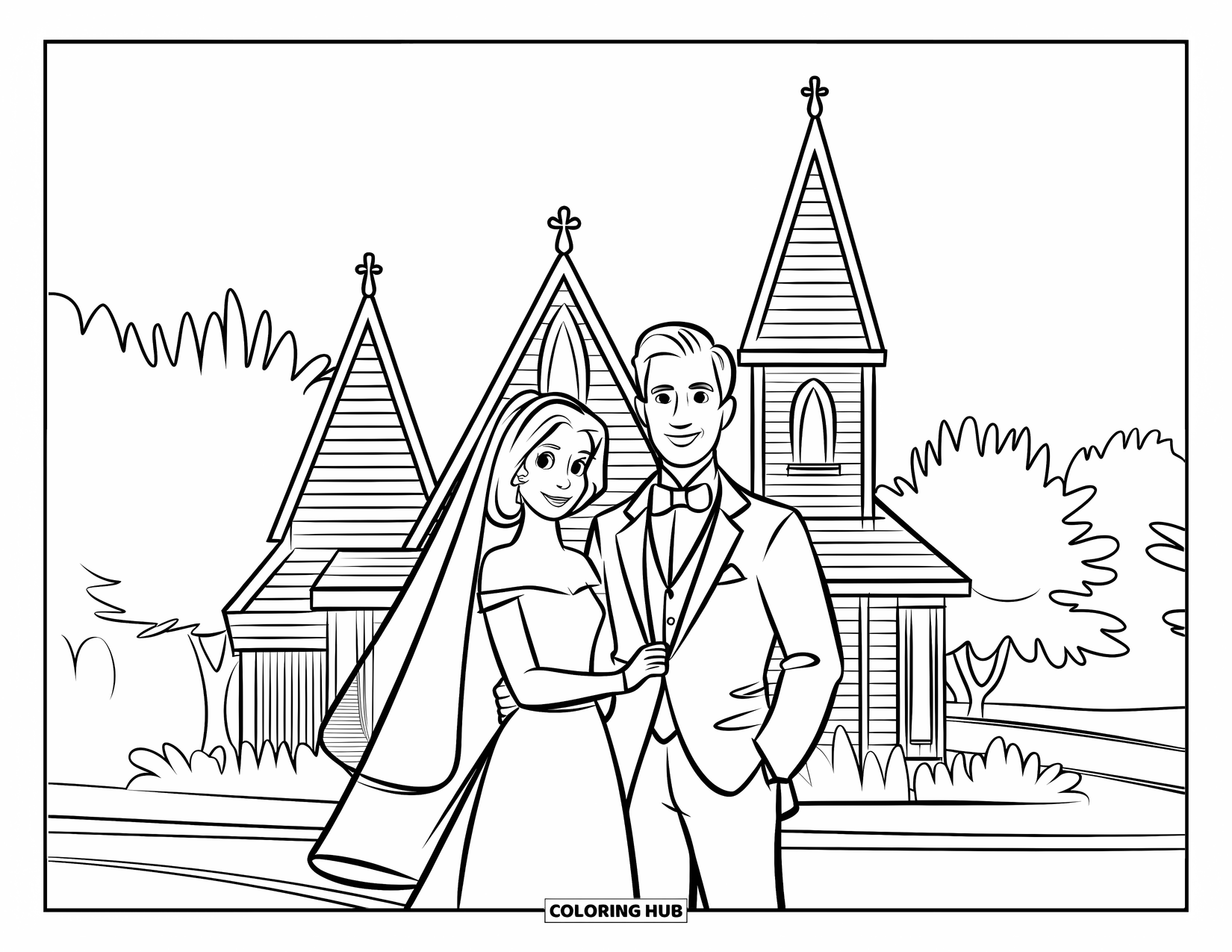 Bride And Groom Coloring Page for Kids: Bride and groom before a chapel with trees and road behind