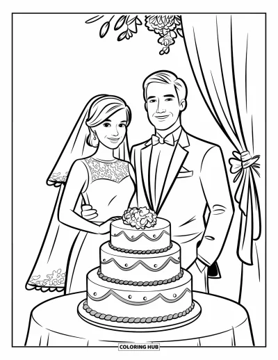 Bride And Groom Coloring Page for Kids: Bride and groom beside a wedding cake with pink and blue layers