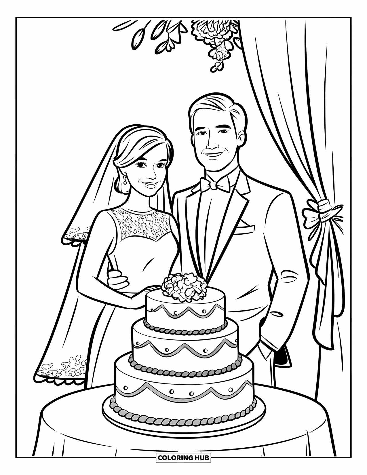 Bride And Groom Coloring Page for Kids: Bride and groom beside a wedding cake with pink and blue layers