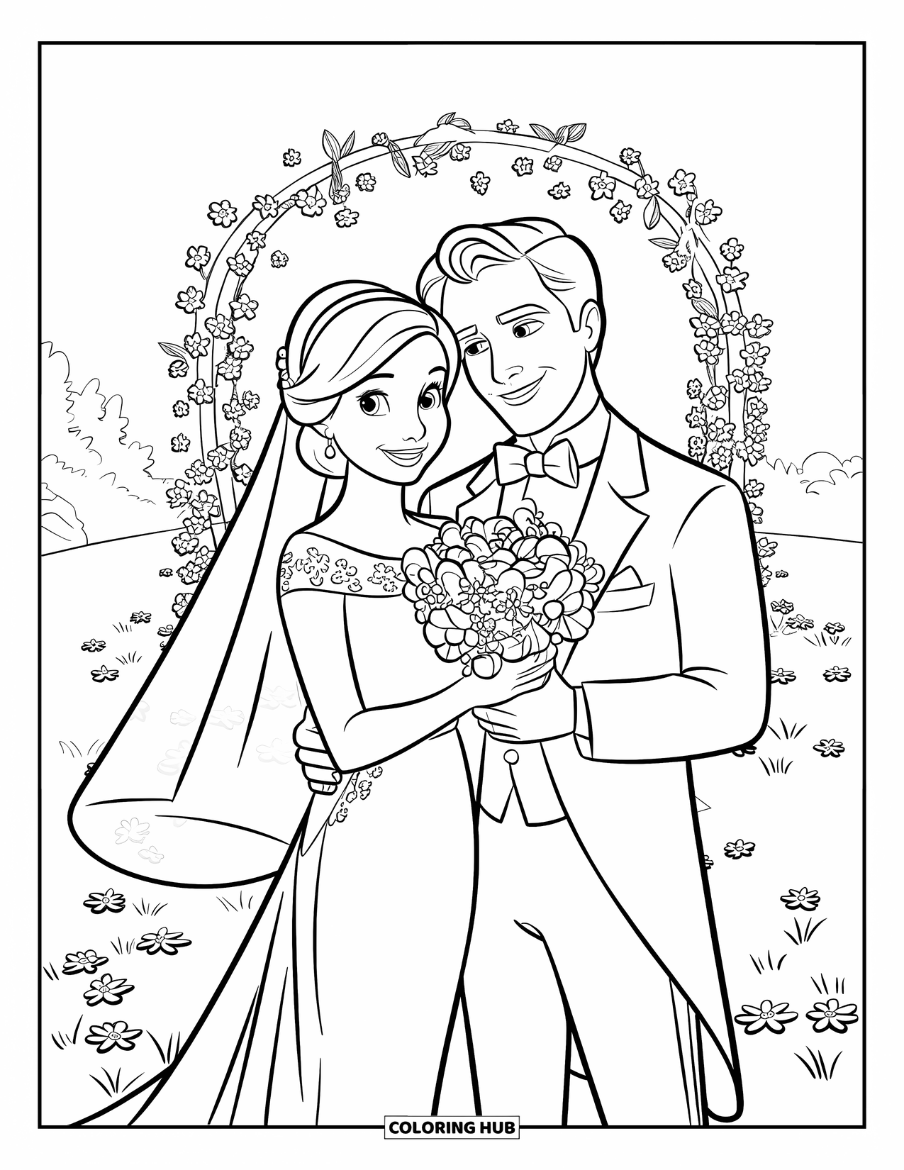 Bride And Groom Coloring Page for Kids: Bride and groom holding a bouquet in a grassy field with flowers